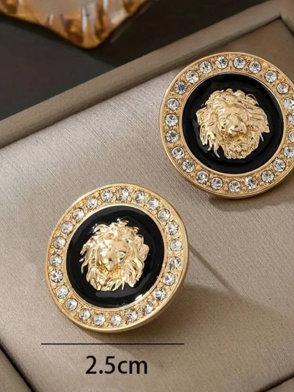 Gold and Black Lion Medallion Stud Earrings - Women Jewelry